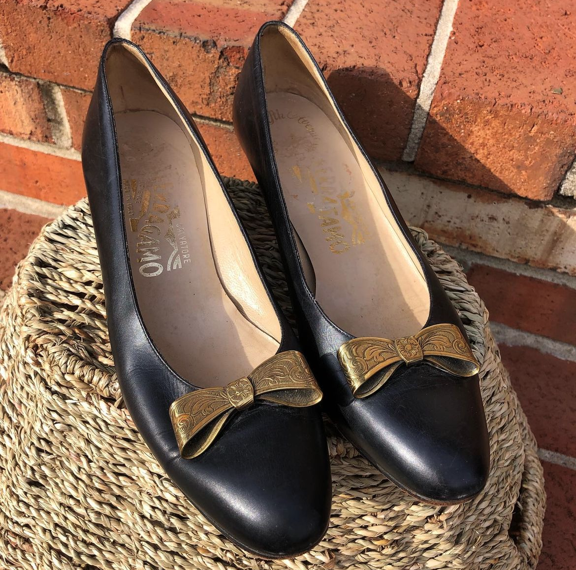 Brass Bow Ferragamo Heels